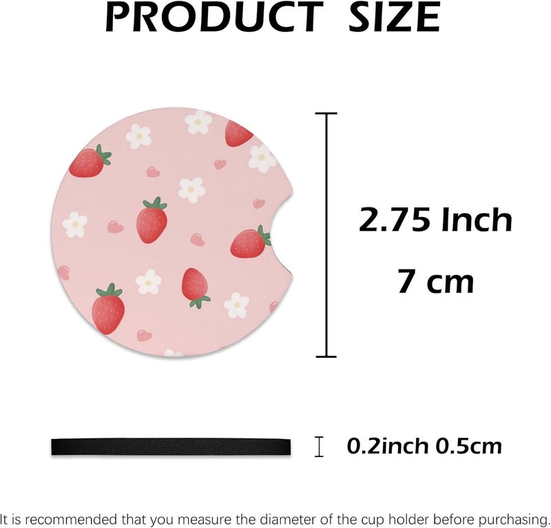 KARREAL 2 Pcs Car Cup Coasters, Cute Strawberry Universal Non-Slip Rubber Car Coasters for Cup Holders 2.75 inch, Car Interior Accessories for Women - Image 3